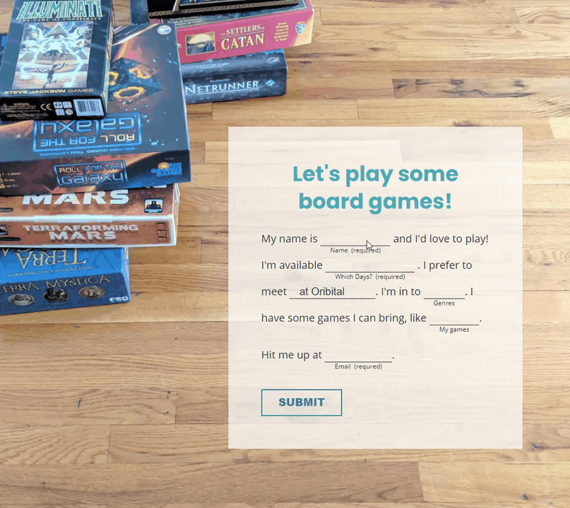 The form says, “Let’s play some board games!” and the user fills in blank spots within paragraph text. The background shows several board games on a wood floor.